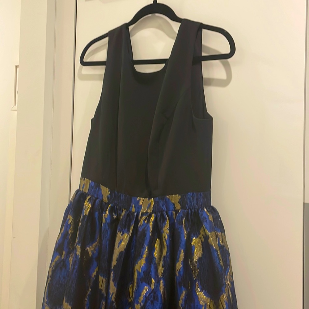 Nicole Miller floor length gown with blue and gold accents (Size 10)